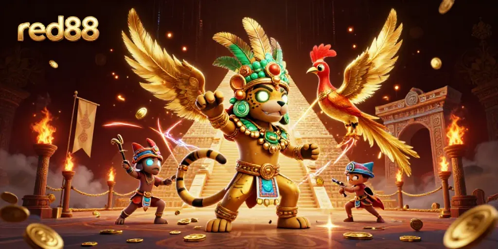 Experience thrilling action at red88 with a vibrant illustration featuring a Mayan jaguar priest and quetzal bird.