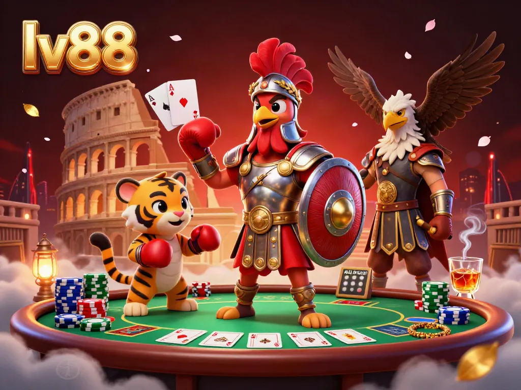 Win big at lv88 with a vibrant illustration of a gladiator rooster in an engaging casino scene featuring poker elements.