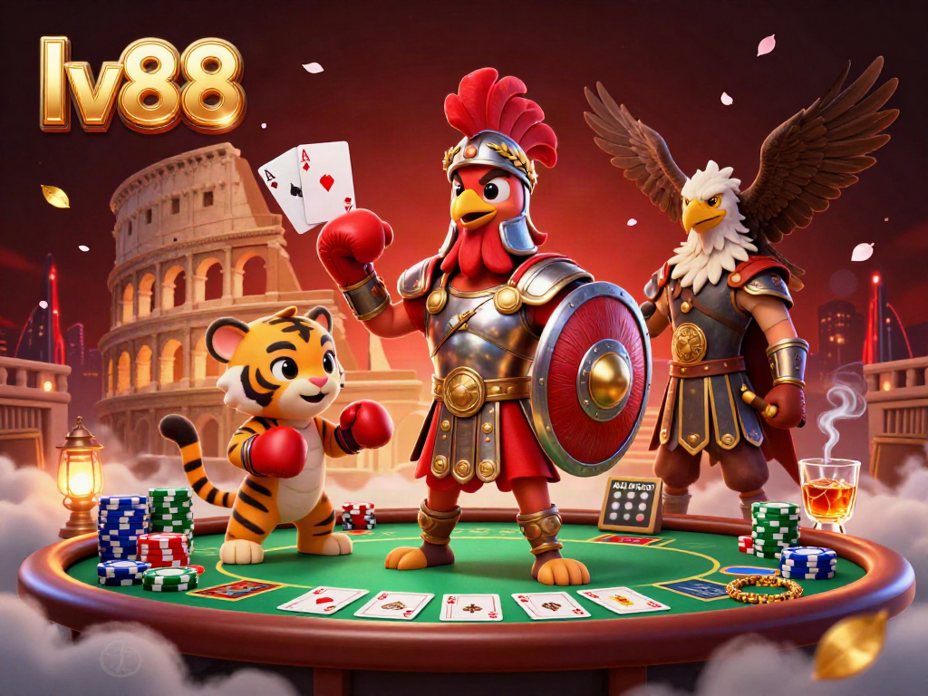 Win big at lv88 with a vibrant illustration of a gladiator rooster in an engaging casino scene featuring poker elements.