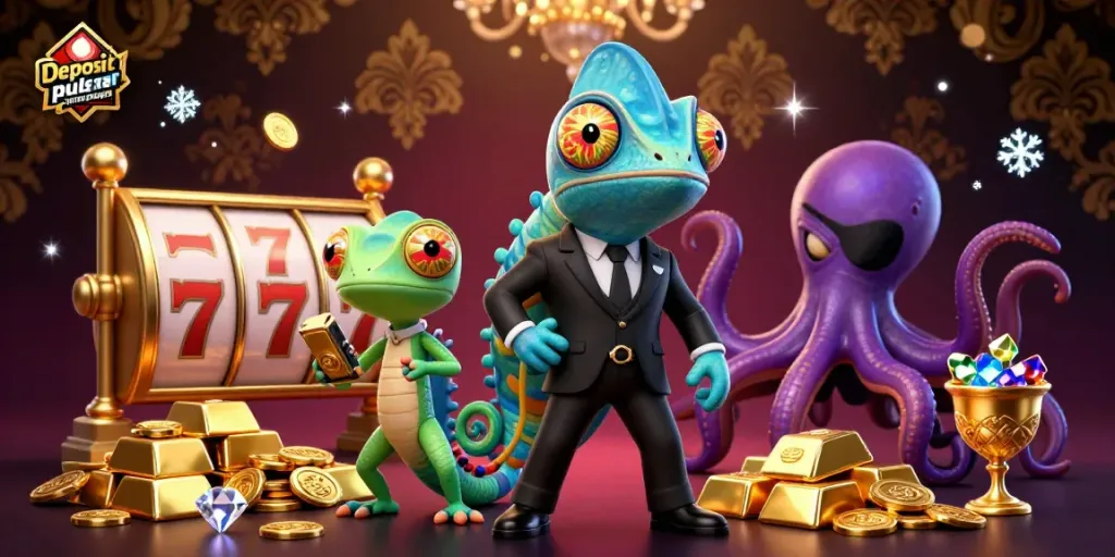 Engage in the action with "deposit pulsa tanpa potongan" in vivid casino atmosphere filled with slots and treasures.