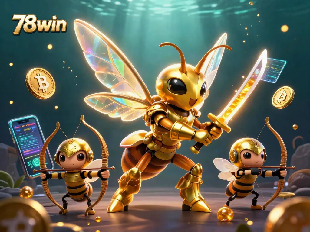 Engage in thrilling action at 78win with a vibrant 3D casino illustration featuring a golden hornet and cryptocurrency elements.
