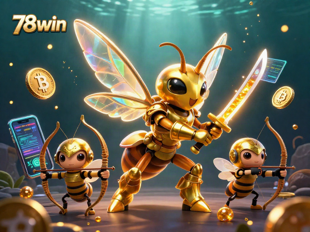 Engage in thrilling action at 78win with a vibrant 3D casino illustration featuring a golden hornet and cryptocurrency elements.