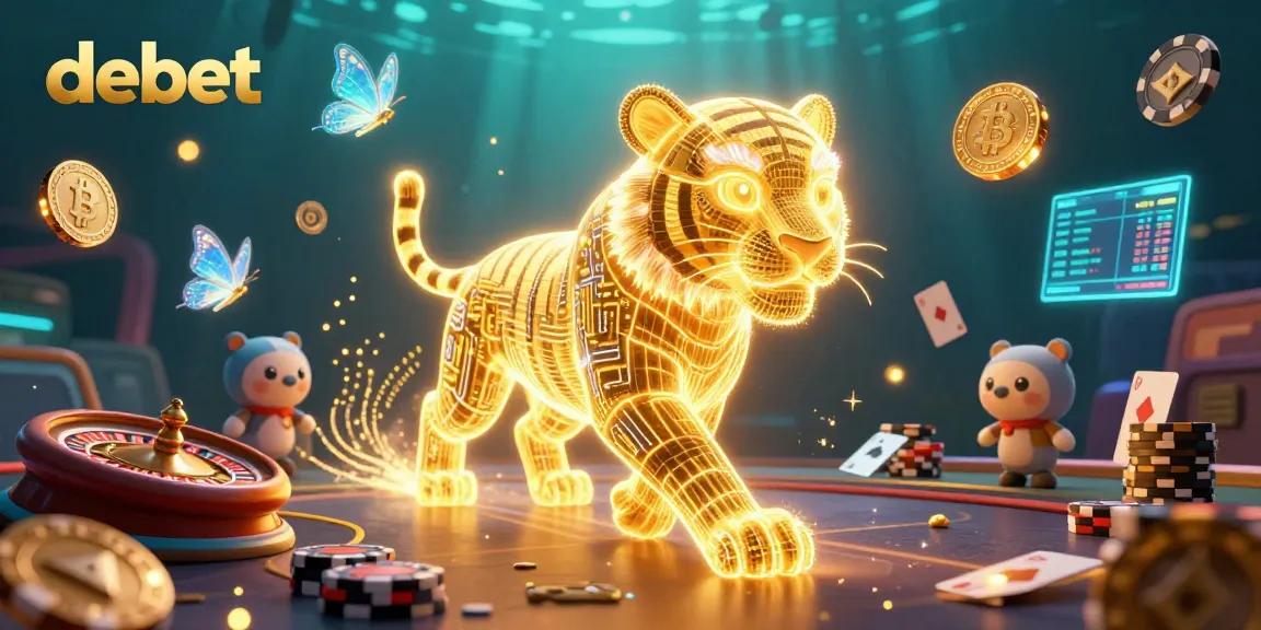 Experience the vibrant energy of debet's digital casino with a neon tiger and glowing cryptocurrencies.