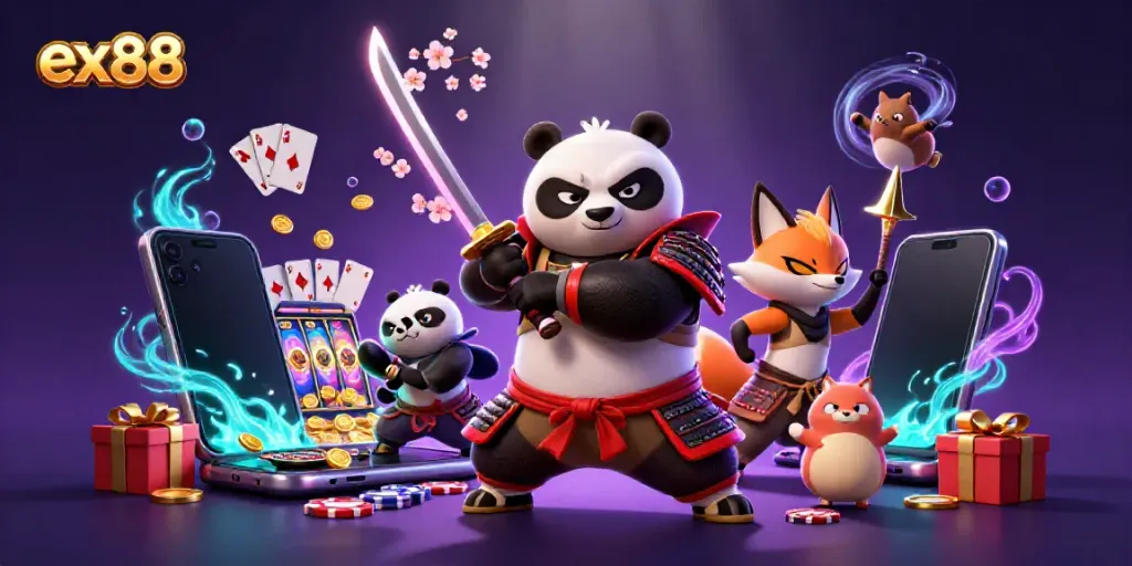 Experience the thrill of ex88 with a dynamic 3D illustration of a fierce samurai panda and ninja fox in a vibrant casino setting.