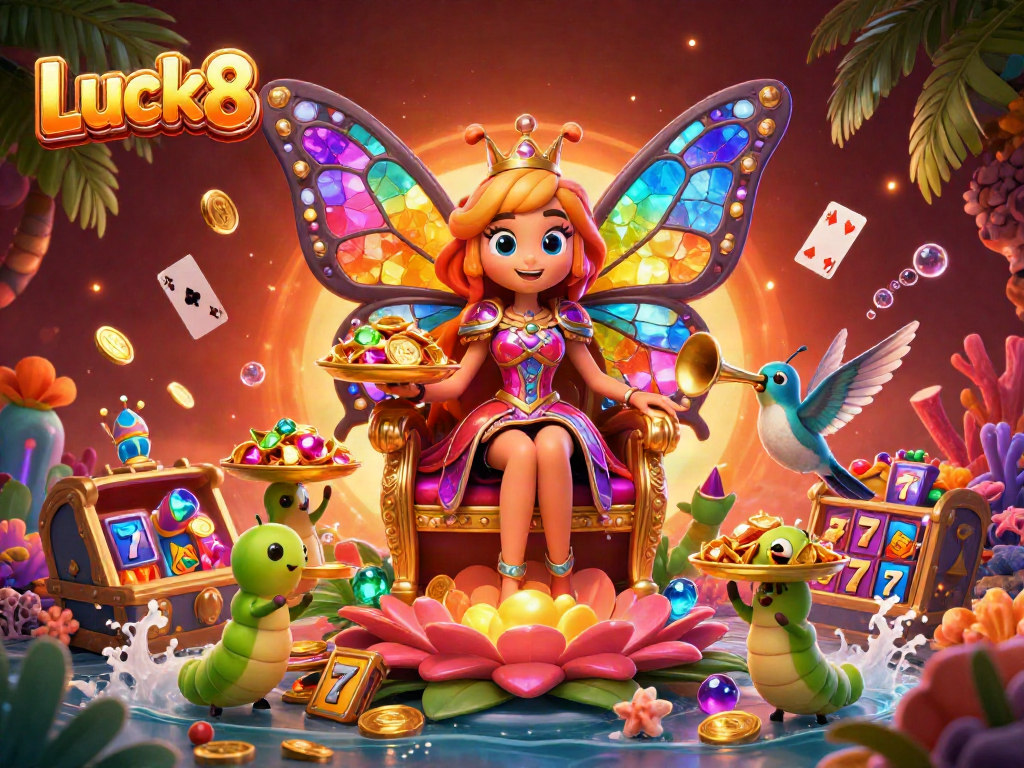 Join the fun at Luck8 with vibrant symbols and characters representing engaging casino activities.