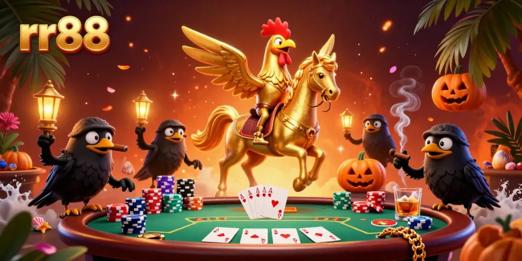 Experience thrilling gameplay with rr88 in a vibrant casino scene featuring a golden rooster and poker elements.