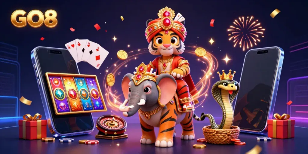 Experience the thrill of GO8 casino with a vibrant 3D illustration featuring an ornate Maharaja tiger and exciting gaming elements.