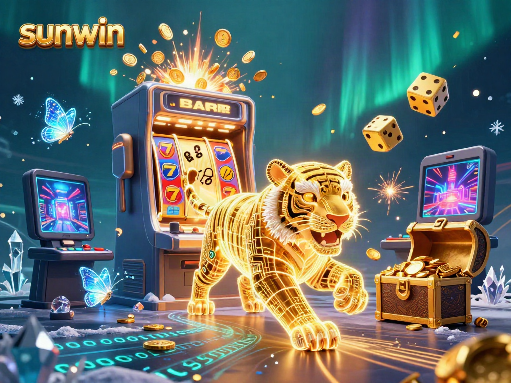 Experience the vibrant sunwin casino world with a neon tiger and dynamic slot games.