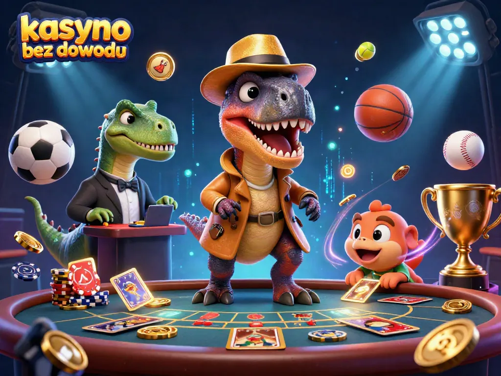 Experience the thrill of kasyno bez dowodu with a velociraptor card counter at a blackjack table amidst flying sports elements.