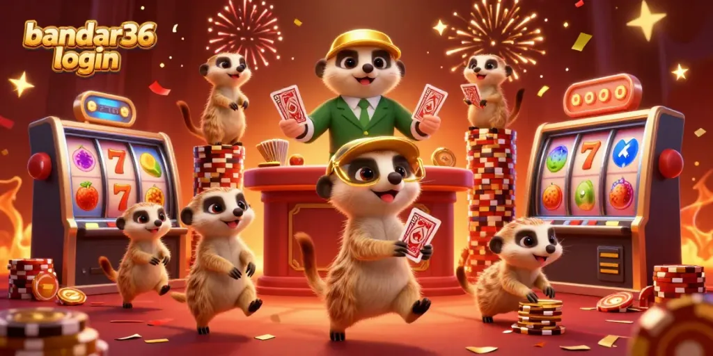 Aktifkan akun bandar36 login dan nikmati sensasi permainan slot gacor dengan karakter meerkat bermain di kasino.