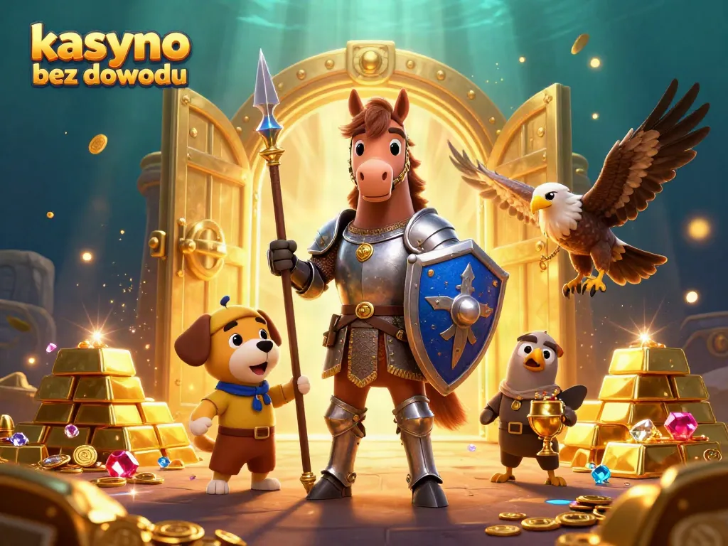 Experience the thrill of kasyno bez dowodu with dynamic characters and golden treasures illuminating the scene.