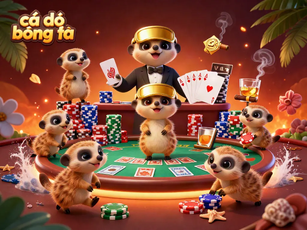 Cá độ bóng đá takes center stage with vibrant meerkats orchestrating a bustling casino scene filled with poker excitement.