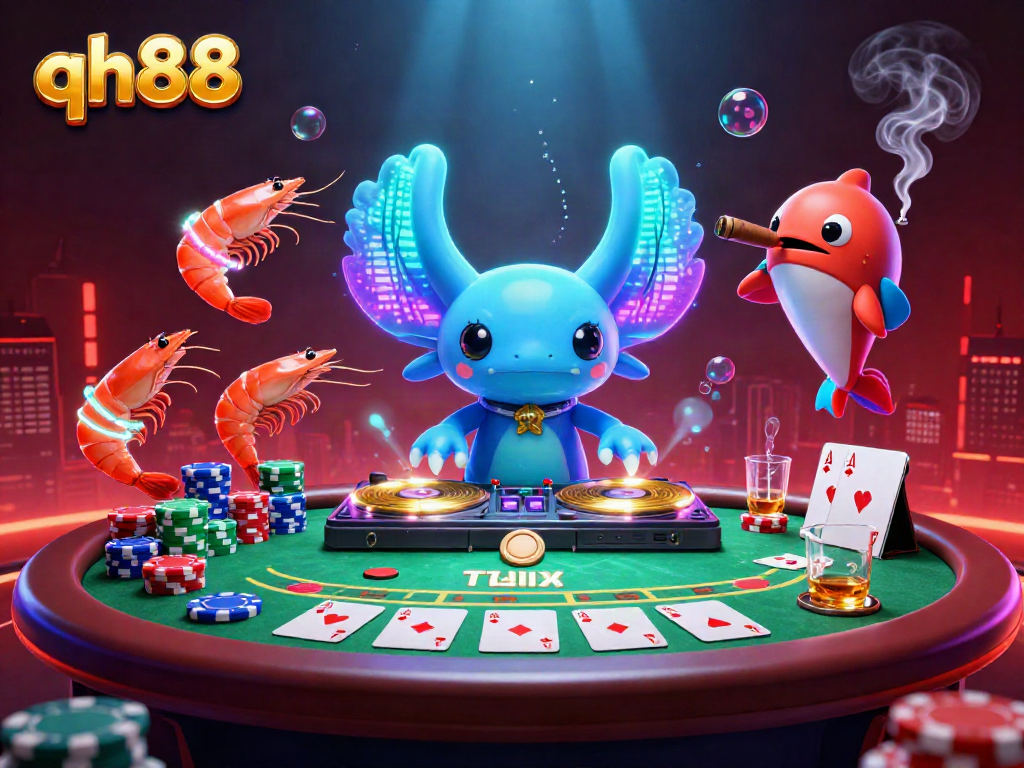 Experience the excitement of qh88 with a vibrant 3D scene featuring an energetic axolotl DJ surrounded by poker elements.