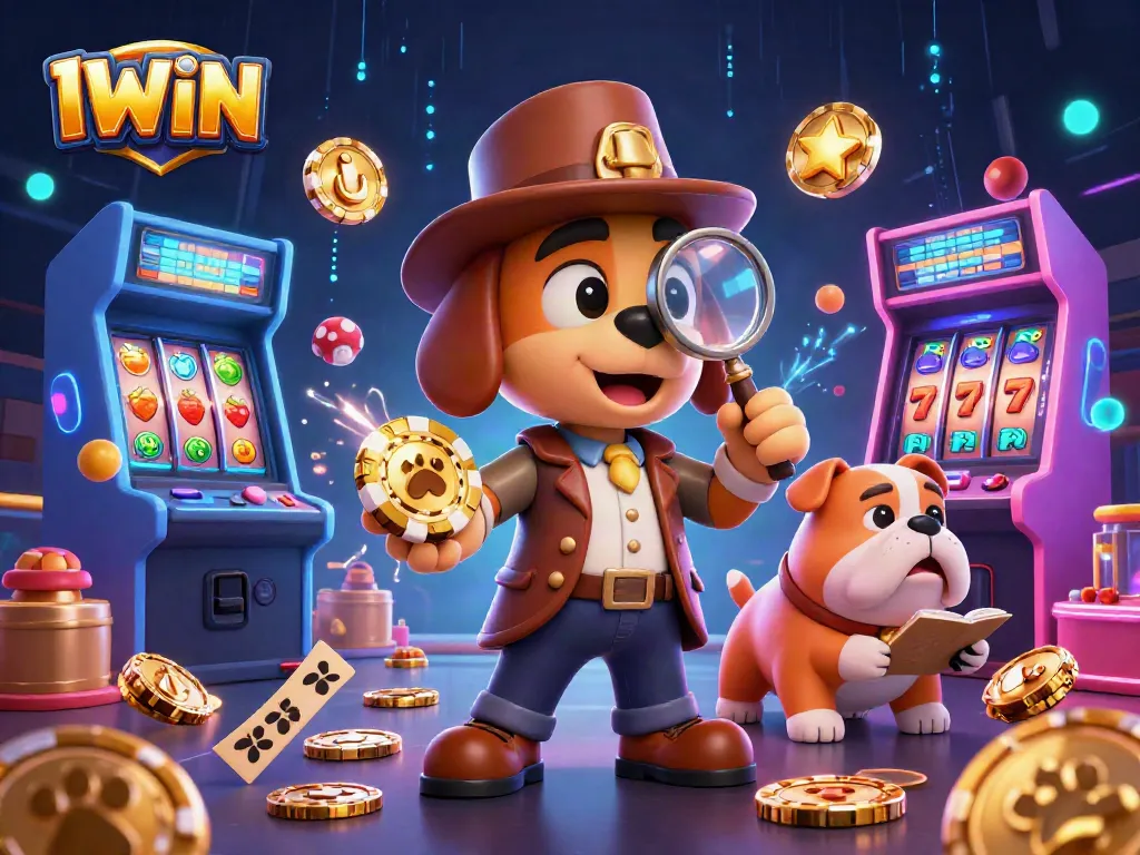 IWIN casino scene with cartoon detective and bulldog enjoying slot games amidst vibrant gaming elements.
