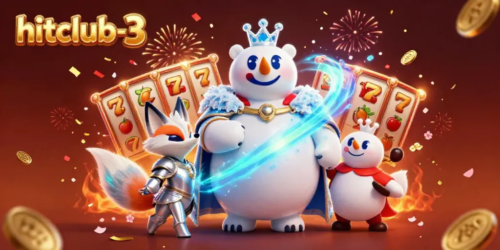 Join the excitement at hitclub-3 with vibrant slot machines and a whimsical polar bear, capturing the thrill of gaming.