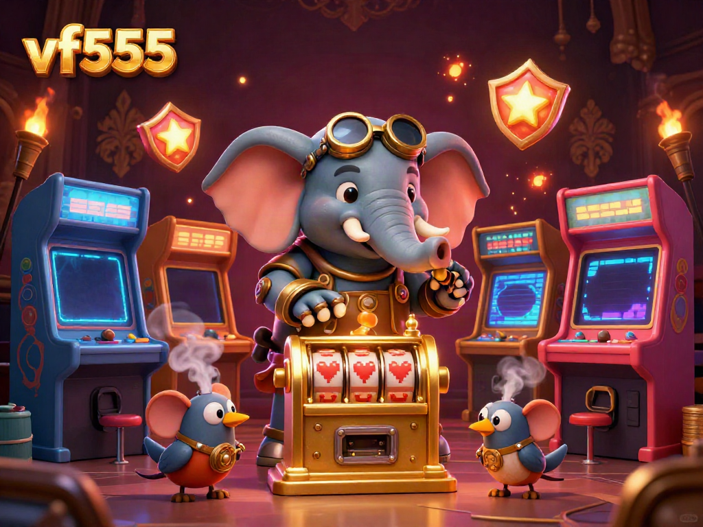 Experience the thrill of vf555 with our steampunk elephant at the golden slot machine in this vibrant casino scene.