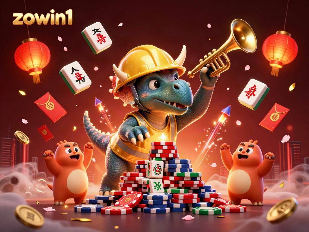 Zowin1 captivates players in a vibrant online casino with a dynamic scene of a triceratops building poker chips surrounded by festive elements.