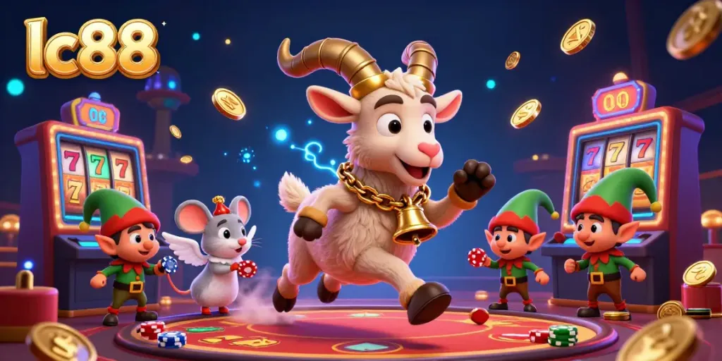 Experience the thrill of lc88 with a lively holiday-themed casino scene featuring exciting characters and dynamic elements.