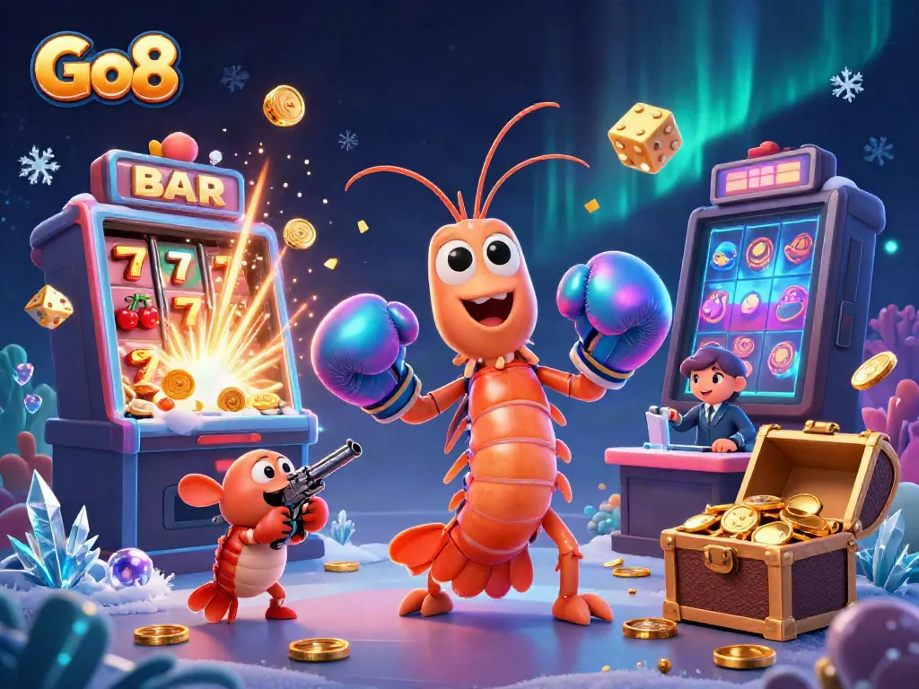Experience the excitement of Go8 in this vibrant casino-themed illustration featuring colorful characters and jackpot elements.