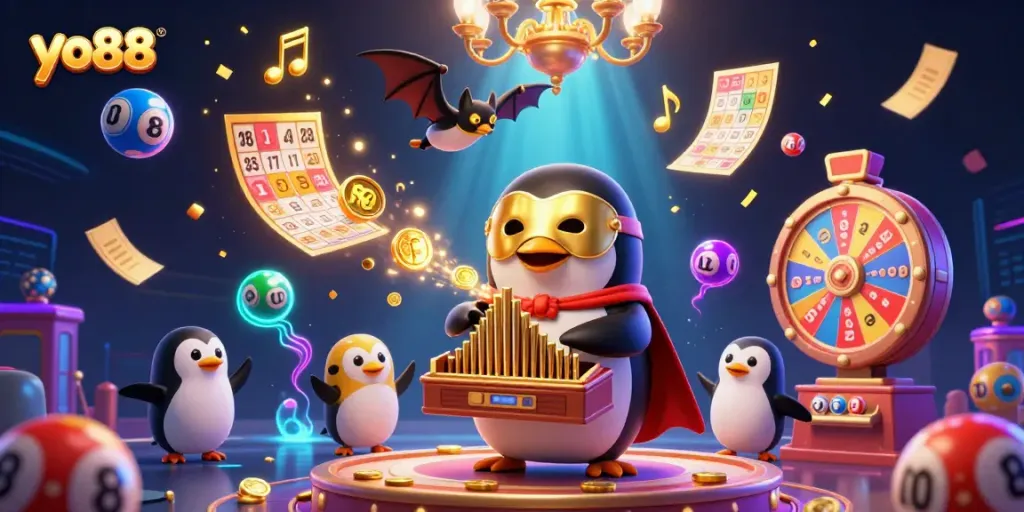 Experience yo88's vibrant casino magic with a penguin and bat acrobat amidst golden coins.