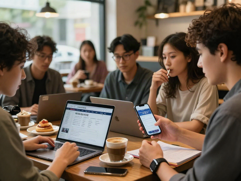 Engaging coffee shop scene with users discussing 먹튀검증 추천 먹튀스팟, focusing on safe betting practices in a lively community.