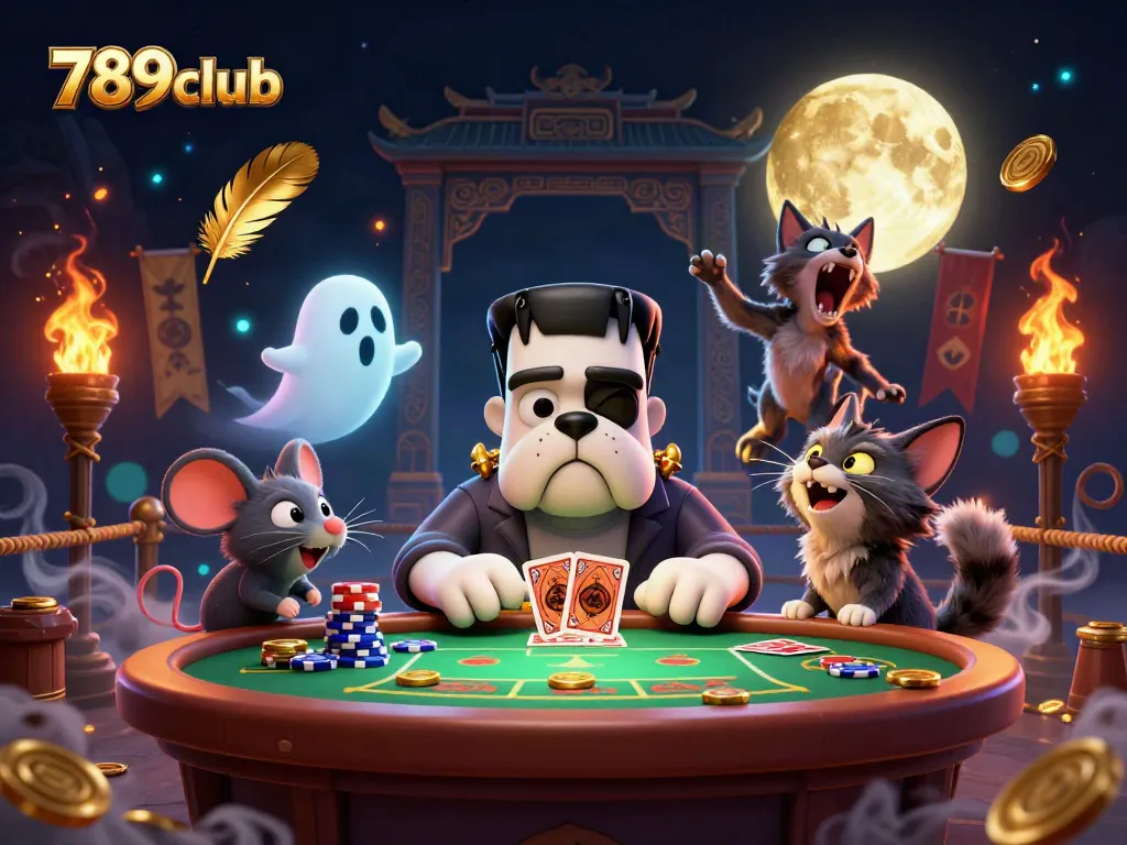 Experience thrilling gaming with 789club as a cartoon bulldog dealer and ghost mouse in a vibrant casino setting.