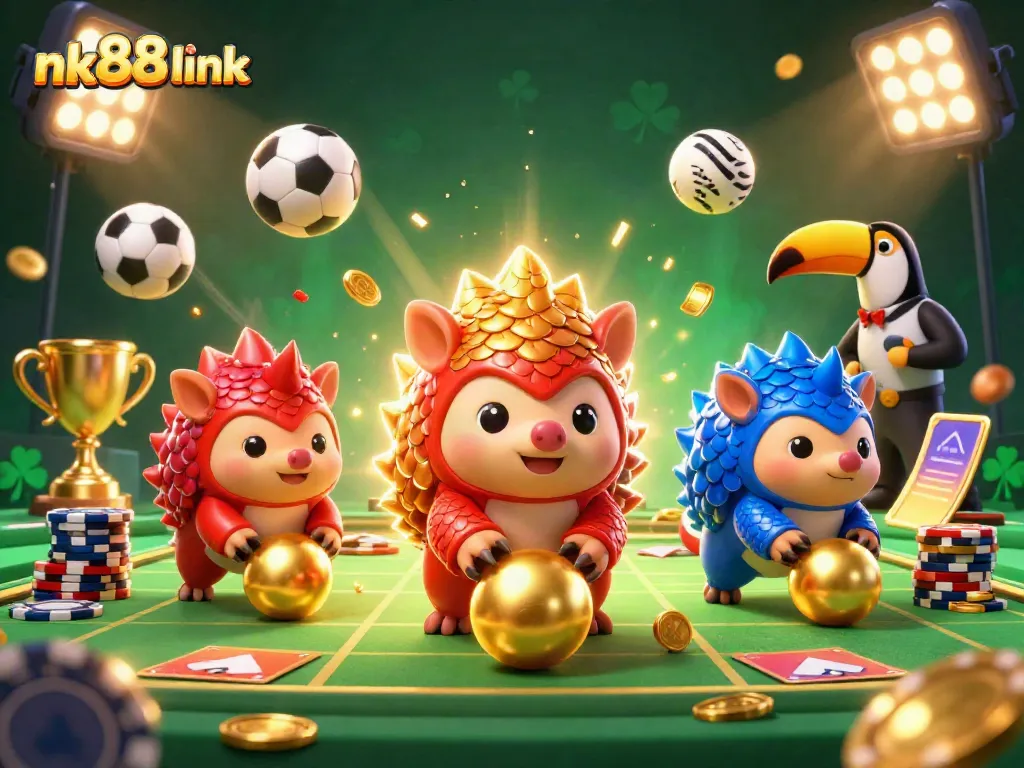 Engaging nk88 link scene with rival pangolins bowling golden balls through poker chips and sports elements.