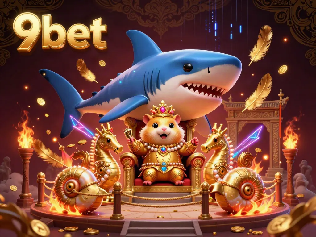 Engage in thrilling gaming at 9bet with a fierce golden hamster king and seahorse guards in a vibrant casino throne scene.