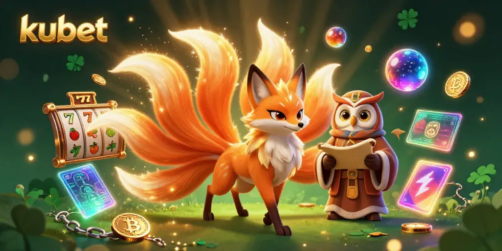 Engage with kubet's vibrant casino scene featuring a nine-tailed fox spirit, owl sage, and dynamic gaming elements.