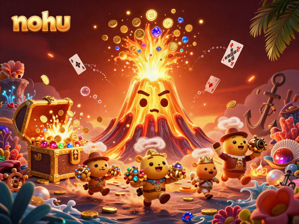 Experience nohu's vibrant gaming world with a golden volcano erupting coins amidst a treasure-filled scene.