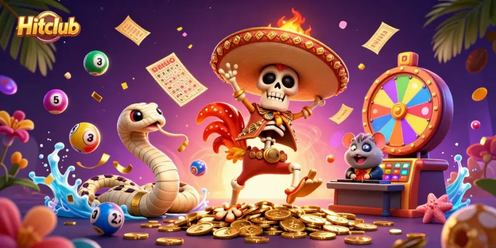 Hitclub offers a festive casino scene with vibrant characters celebrating on golden coins, showcasing winning potential.