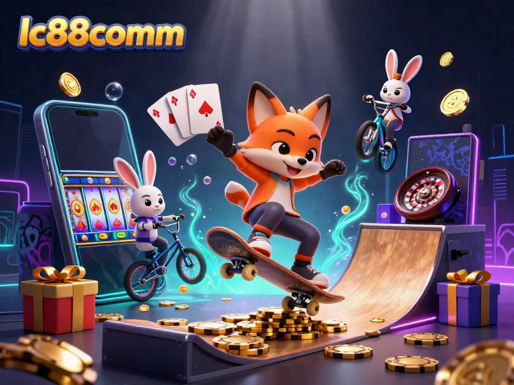 Engage with lc88comm's vibrant casino atmosphere through an action-packed scene of playful characters.