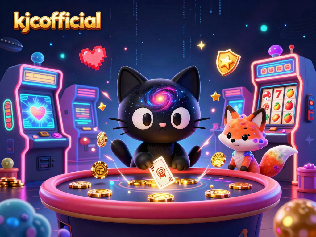 kjcofficial gaming scene with a cosmic cat and fox amidst vibrant casino elements
