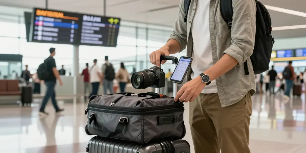 Traveler checking garuda 404 flight info at an airport terminal with luggage.