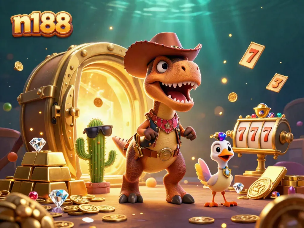 Engage with n188’s thrilling 3D casino adventure featuring vibrant characters amidst dazzling jackpot treasures.