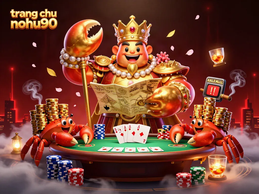 Play exciting games at trang chu nohu90, where a golden crab emperor presides over a vibrant casino scene.