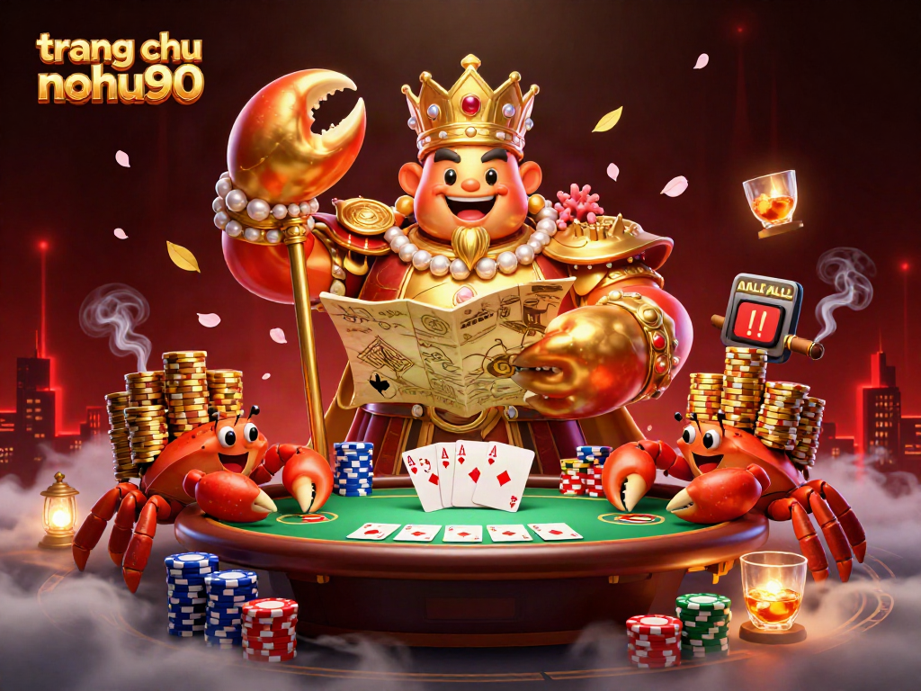 Play exciting games at trang chu nohu90, where a golden crab emperor presides over a vibrant casino scene.
