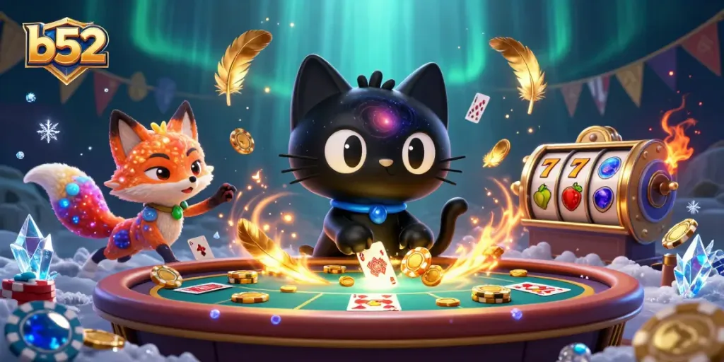 Engage in thrilling b52 casino gameplay with a cosmic black hole cat among slot reels and golden chips