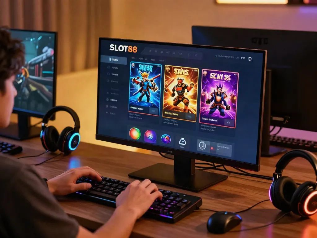 Engaging with slot88 game interface in a cozy gaming nook.