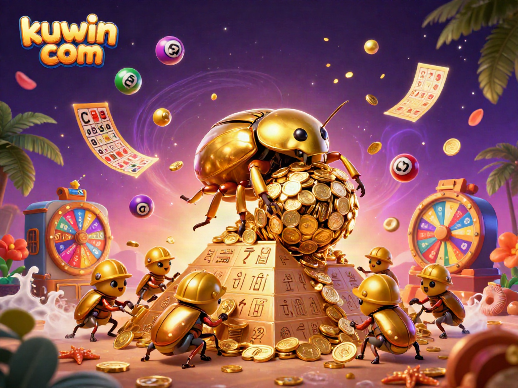 Experience the excitement of kuwin com with dynamic scenes of golden coins and lottery elements.