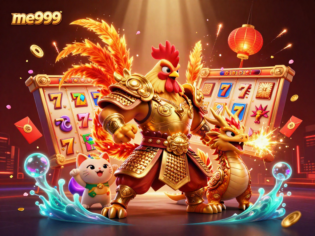 Spin the reels at me999 with a golden-winged warrior and luck-inspired characters in an exciting casino scene.
