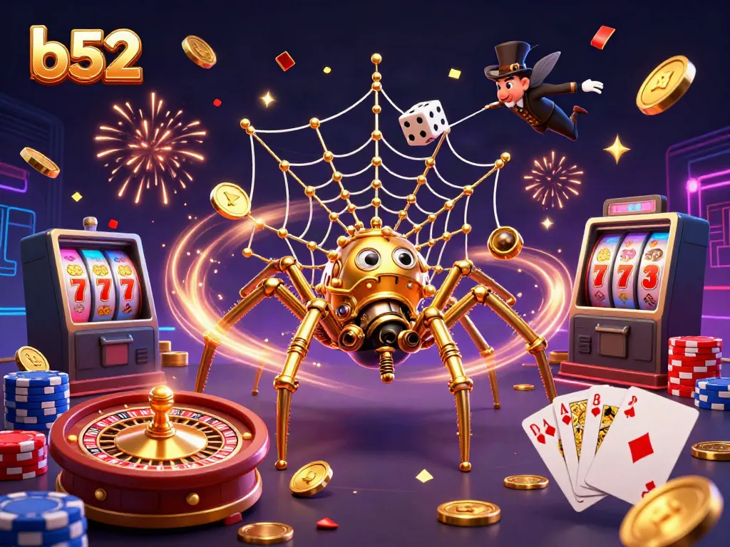 Engage with the exciting offerings of b52 through this vibrant 3D gambling scene featuring golden coins, roulette wheels, and more.
