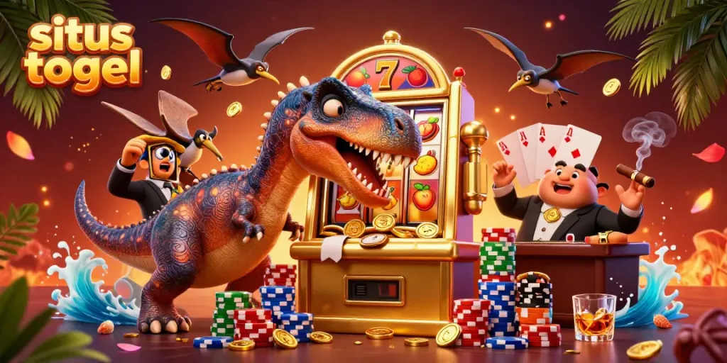 Character dynamics in situs togel-themed 3D casino illustration with slot machine action.