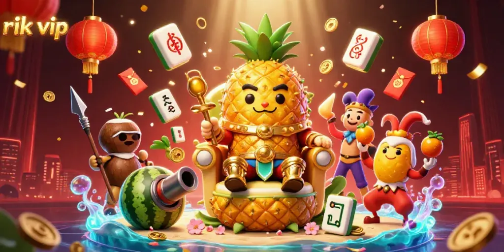 Experience thrilling action with rik vip at a beach casino, featuring a golden pineapple king and vibrant festive elements.