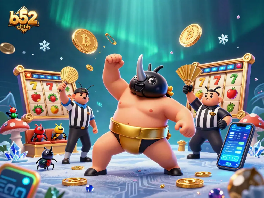 Watch the b52club's vibrant slot championship with a rhinoceros beetle champion amid flying coins.