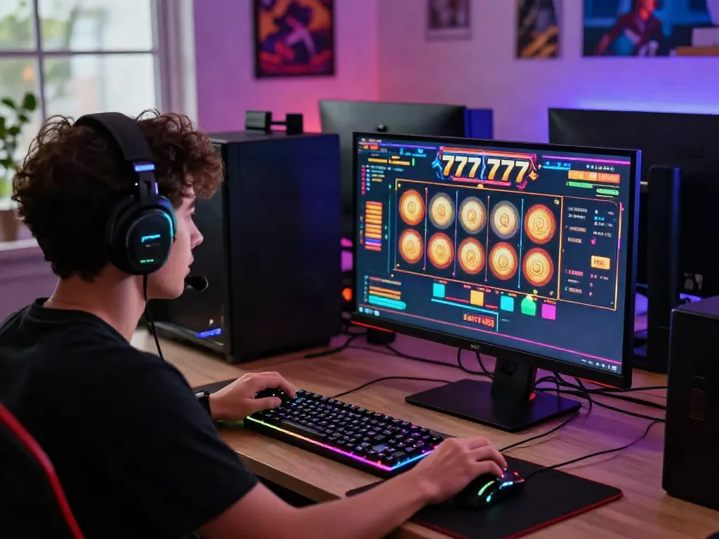 Gamer enjoying slot777 online games at a dual monitor setup with vibrant visuals.