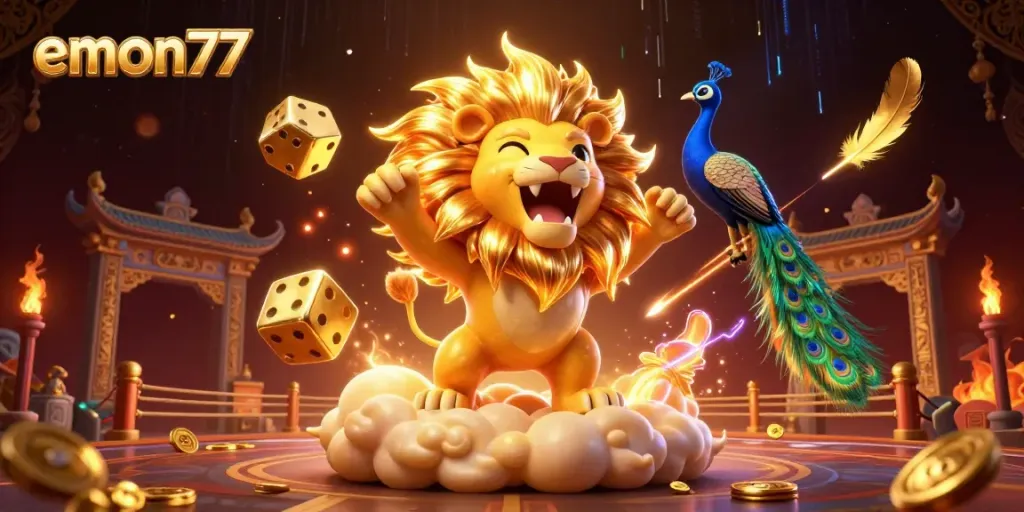 Emon77 showcases a vibrant 3D scene of a roaring lion, dice, and peacock, embodying the excitement of online gaming.