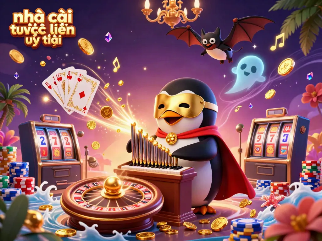 Experience nhà cái trực tuyến uy tín in this vibrant 3D illustration filled with dynamic casino elements and characters.
