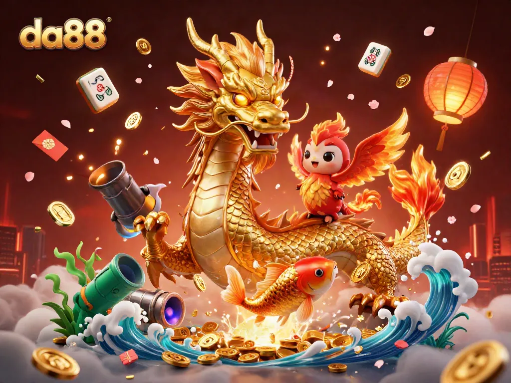 Experience the thrilling da88 realm with a dragon, phoenix, and koi amidst rich casino elements.