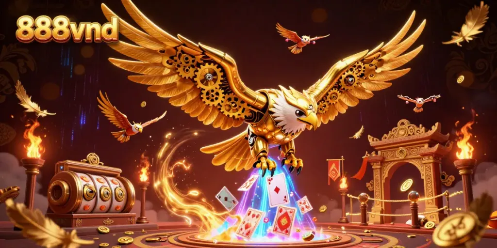 Engage in thrilling 888vnd gaming action featuring a cybernetic eagle and dynamic casino elements.